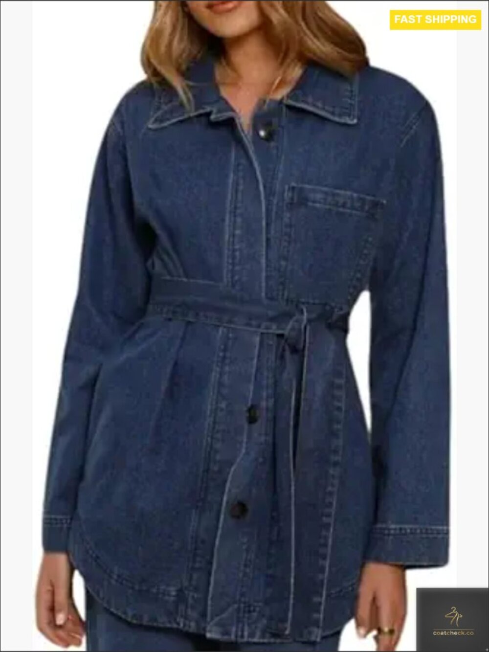 Vintage Washed Denim Jacket Oversized Long Sleeve Button Down Shacket with Tie - Picture 1 of 7